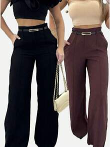 Kit Of 2 Women's Tailored Wide Leg Pants With Belt - 黑色/酒紅色 - 查看 4