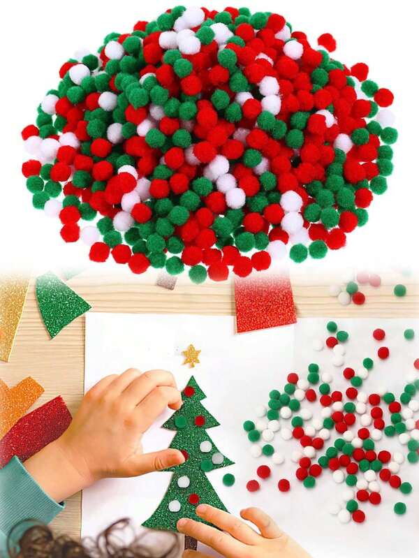 300 piezas - Pompones de Navidad en rojo, verde y blanco, bolas esponjosas pequeñas para manualidades y decoraciones de fiesta, materiales de decoración navideña DIY, suministros para manualidades, regalos navideños adecuados para árboles de Navidad, decoraciones de tarjetas de felicitación, relleno de jarrones (tres colores)