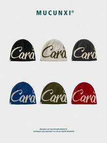 1 Stück Unisex amerikanischer Straßen-Buchstaben-Intarsia umkehrbarer gestrickter Beanie Hut, Unisex Hip Hop Skateboard Ohrenwärmer Schädelmütze, geeignet für Outdoor-Aktivitäten, Einkaufen, Alltagskleidung, Herbst/Winter