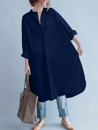 Plus Size Women's Solid Color Button Half Placket Long Sleeve Loose Casual Long Shirt