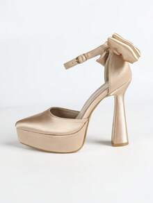 Women's High Heel Sandals, High Platform Pointed Toe Bow Tie Strap Satin White Backless Comfortable Breathable Casual/Date Elegant Style - Champagne - View 6