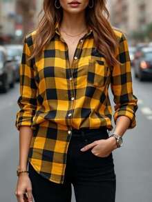 Casual Chic Women's Polyester Plaid Regular Sleeve Blouse Featuring A Shirt Collar And Button Details Fall Clothes For Women - Yellow - View 3