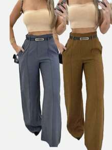 Kit Of 2 Women's Tailored Wide Leg Pants With Belt - Abu-abu / Karamel - View 3