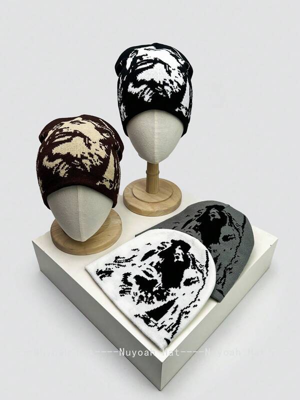 1 pieza Gorro de punto con diseño de retrato de rapero de otoño/invierno, accesorio de gorro con puño de estilo callejero estadounidense de hip hop unisex para mantener la cabeza caliente en invierno