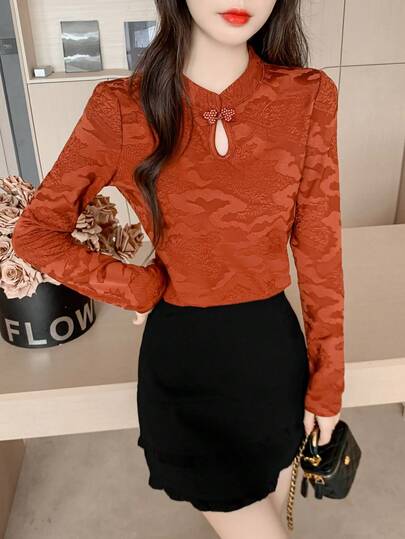 New Chinese Style Layering Top Women Jacquard Long Sleeve T-Shirt Frog Buttons Bodycon Base Layer Fall Winter Elegant Basic Shirt