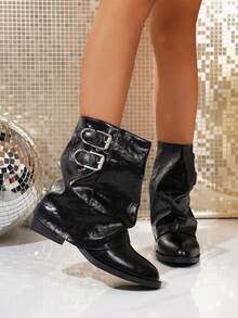 Women's Retro Western Cowboy Boots, Thick Sole Mid-Calf Boots With Zipper, Belt Buckle, Round Toe, Chunky Heel, Side Zipper, Western Style Holiday Boots