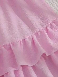 女童夏季休闲连衣裙，圆领无袖荷叶边下摆背心式无袖时尚优雅连衣裙 - 淺粉色 - 查看 6