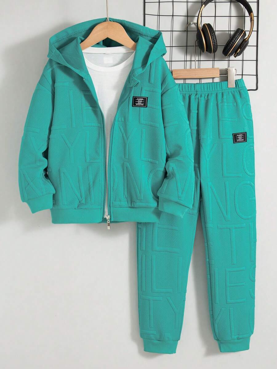 Set de 2 piezas Chaqueta con capucha con cremallera y pantalones de unicolor casual para niños, primavera/otoño - Agua verde azul - Ver 1