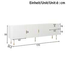 Meuble TV avec tiroirs et touches dorées – Meuble TV avec pieds réglables, portes avec étagères et poignées/pieds dorés