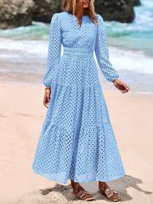 Women's Spring And Summer Maxi Dress Short Sleeve V Neck Hollow Out Eyelet A Line Long Flowy Wedding Guest Beach Vacation Dresses For Women - Màu xanh da trời - Xem 5