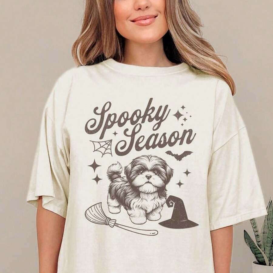 Shih Tzu Halloween Shirt,  Spooky Sean Graphic , Pet Dog Lover Gift, Y Vintage Wos Fall Rel, Trick Or Treat220G Heavyweight 100% Cotton Unisex T-Shirt.Spring & Summer & Fall Clothes For Women & Men. This Heavy-Duty Shirt Combines Luxury Softness With Solid Structure. The Thick, Breathable Fabric ResisT-S Sinkage And Fading While Providing All-Day Comfort. I For Streetwear,Festival, Workwear, Or Casual Looks, This Is A Must-Have For Anyone Who Loves Durable, Stylish Basics. - Trắng 5 - Xem 1