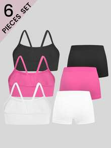 6pcs/Pack Girls Casual Fashion Camisole Bra And Simple Seamless Comfortable Briefs Set