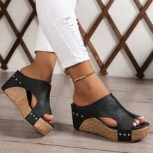 Women's Retro Thick-Soled Wedge Sandals, Suitable For Summer Leisure Vacation Wear - 黑色 - 查看 2