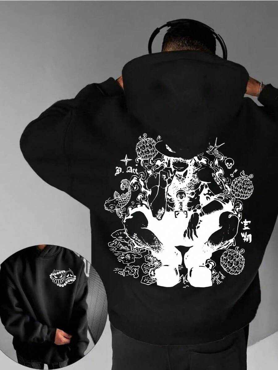 Men's Anime Hoodie Otaku Chic Manga Majesty Realm Fandom Flair Geek Groove Streetwear Sweatshirt Cool Graphic Hooded Pullover Fashion Casual Wear For Anime Fans And Pop Culture Lovers - 黑色 - 查看 1