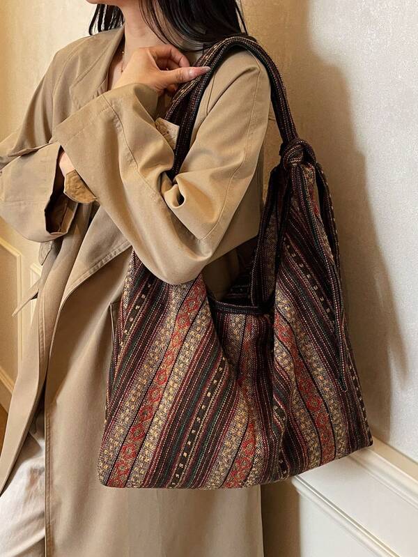 1pc Brown Large Capacity Tote Bag, Crescent Moon Shaped, Minimalist Design, Versatile Shoulder Bag For Commuting