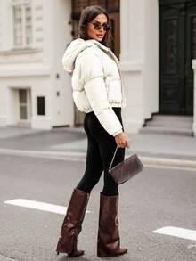Women's Casual Solid Color Hooded Down Cropped Jacket With Zippered Pockets And Long Sleeves, Perfect For Winter Parties - Beige - View 7