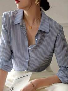 Plus 女士优雅条纹纽扣翻领长袖衬衫 - 藍色 - 查看 5