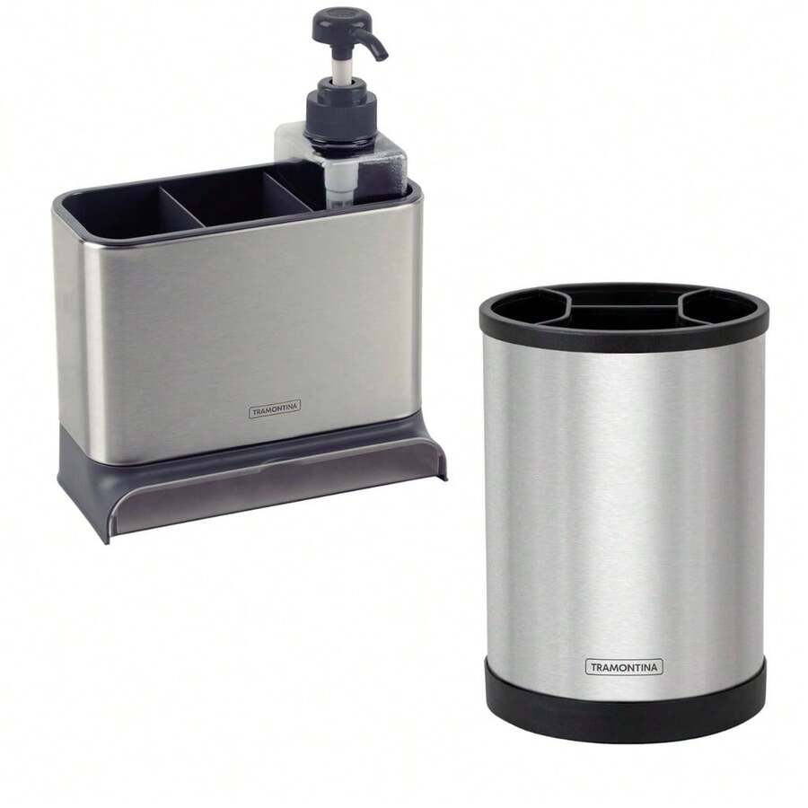 Dispenser Sabão Detergente Tramontina E Porta Utensílios Inox Kit Cozinha - Cinza - Visão 1