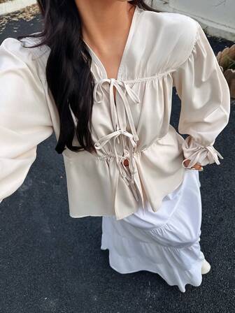 1pc Women Versatile Non-Skin-Tone Essential Item, Tie-Up Design Loose Shirt