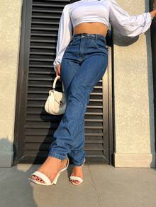 Mon Jeans Pants Without Lycra Women's High Waist Pants Feminine Fashion - Escuro Com Cinto - View 3