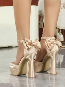 Women's High Heel Sandals, High Platform Pointed Toe Bow Tie Strap Satin White Backless Comfortable Breathable Casual/Date Elegant Style - Champagne - View 5