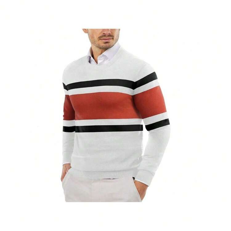 Men's Crew Neck Sweater Slim Fit Lightweight Sweatshirts Knitted Pullover For Casual Or Dressy Wear - Trắng/Đỏ gỉ - Xem 1