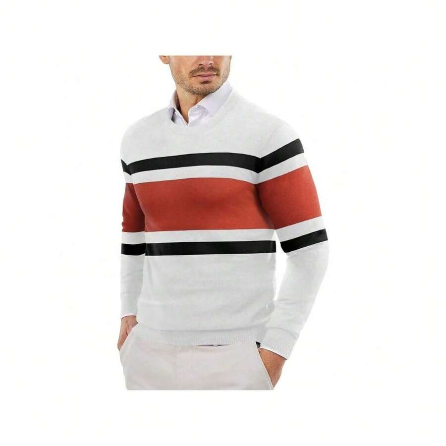 Men's Crew Neck Sweater Slim Fit Lightweight Sweatshirts Knitted Pullover For Casual Or Dressy Wear - 白色/鐵鏽紅色 - 查看 1