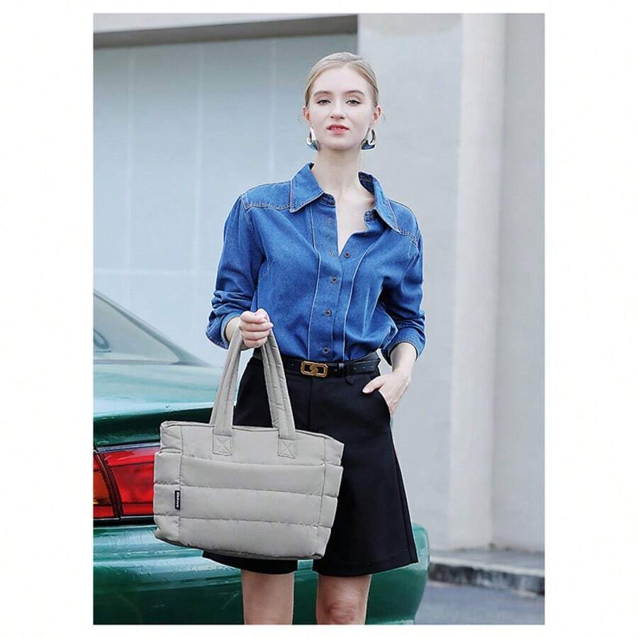 时尚百搭优雅简约纯色大容量手提包 - 黑色 - 查看 1