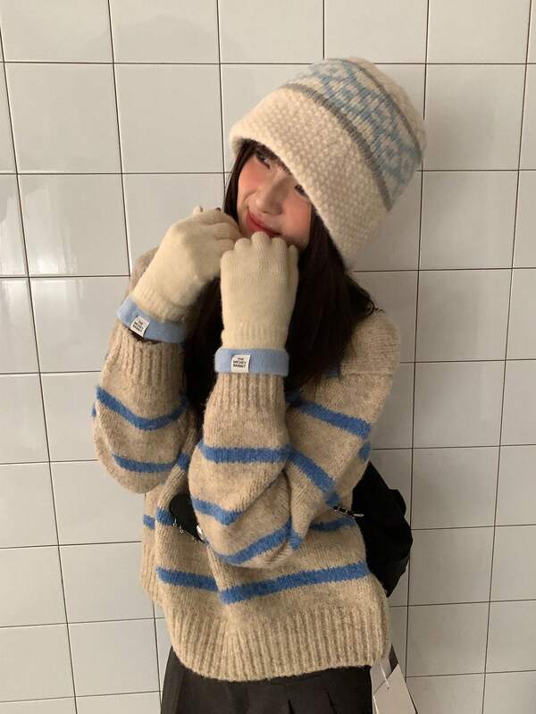 1pc Women's Beige Polyester Vintage Fair Isle Knitted Hat, Thick & Warm For Autumn/Winter, Face-Framing Fisherman Beanie