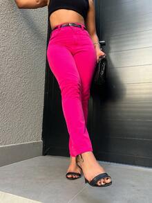 Mon Jeans Pants Without Lycra Women's High Waist Pants Feminine Fashion - Pink com cinto - 查看 2