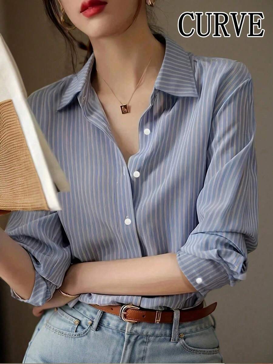 Plus 女士优雅条纹纽扣翻领长袖衬衫 - 藍色 - 查看 1