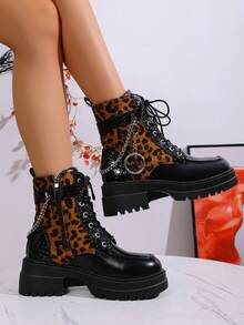 Women's Winter New Solid Color Patchwork Lace-Up Butterfly Metal Chain Side Zipper Thick Heel Ankle Boots, Punk Style Fashion Versatile Casual High Heel Booties