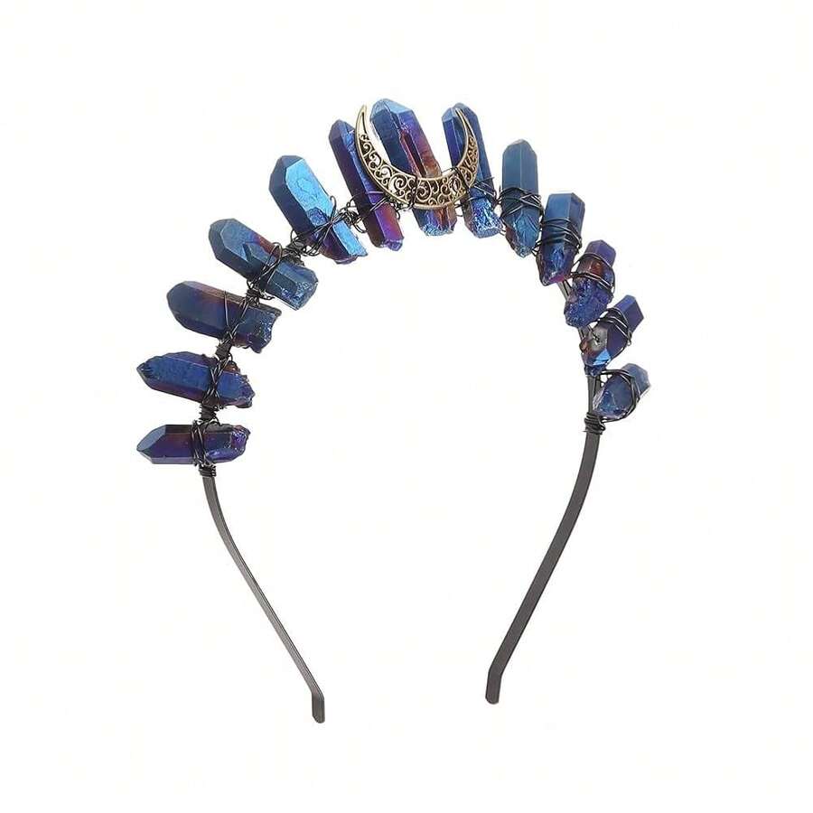 Bubbmi Raw Crystal Tiara Crown Headband Rhinestone Quartz Witch Wicaan Cosplay Headwear For Party Prom Photography Women Girls{"Color_name":"Darkroyalblue"} - 深皇家藍 - 查看 1