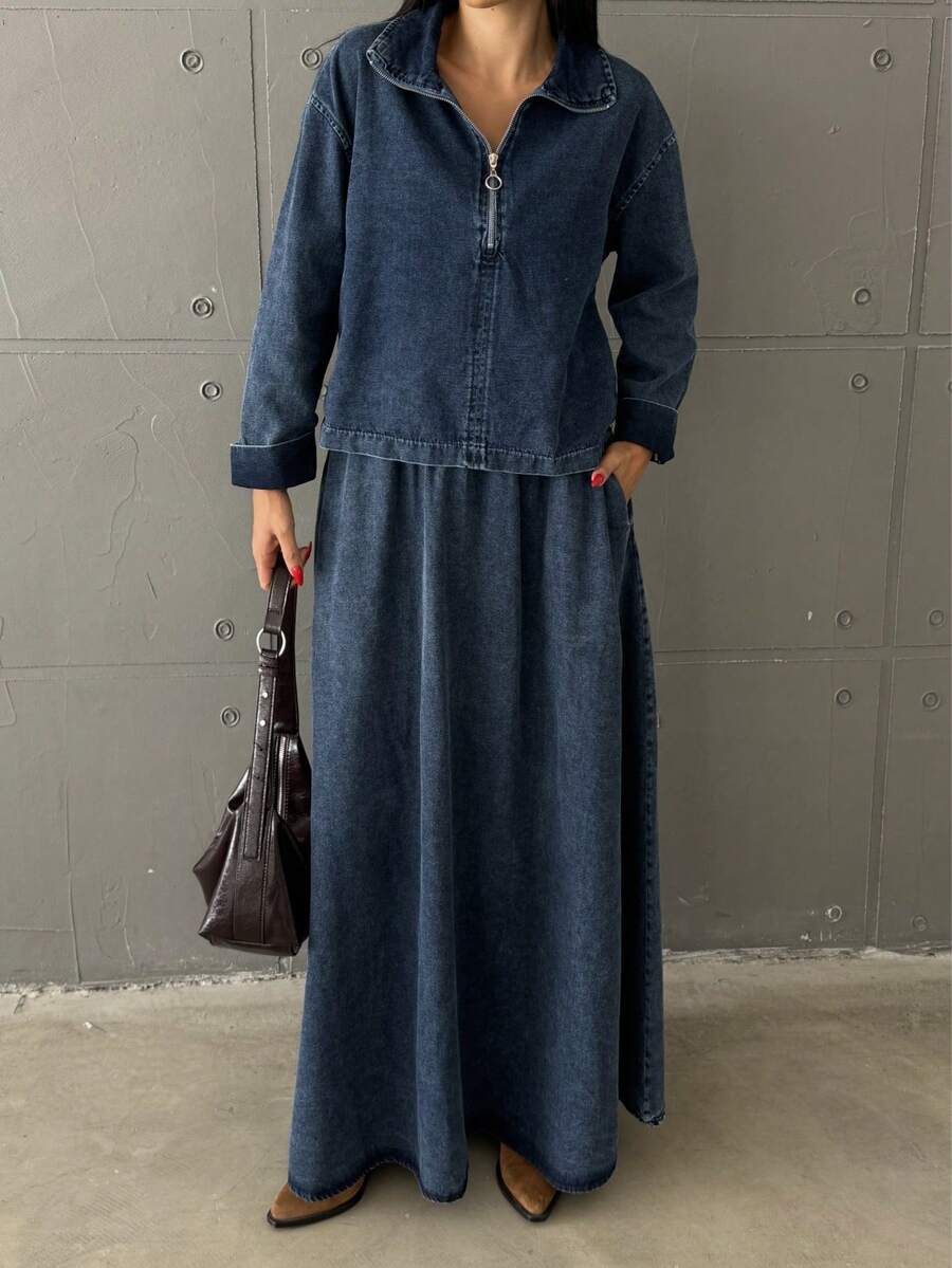 Autumn Fashion Denim Jacket & Mini Skirt Set - Dark Wash - View 1