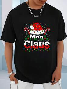 Mr And Mrs Claus Santa Hat Xmas Funny Christmas Couples T-Shirt -100% Cotton Autumn Men's Casual T-Shirt, Featuring "Merry Christmas" Letters And Fun Snowflake Pattern Print On The Top - Black - View 1