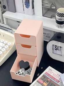 三合一迷你抽屉收纳盒（长：13厘米，宽：9厘米，高：8厘米），收纳架，桌面抽屉整理器，塑料桌面收纳抽屉，桌面首饰盒，透明配件和首饰抽屉盒，办公桌收纳盒，带3个隔层 - 粉色 - 查看 7