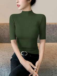 Women's High-Stretch Cotton Rib Knit T-Shirt With A High Neck And Three-Quarter Sleeves - 軍綠色 - 查看 2