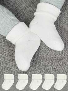 5pairs Baby Solid Color Thick Warm Turnover Cuff Socks, Fall & Winter - White - View 7