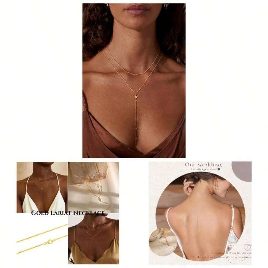 Lariat Women - Dainty Long Necklace 14K Gold Plated Hypoallergenic Layered Long Y - Shape Sunburst CZ - Bar Pendant Drop Chain Necklace Set Women Non Tarinsh Jewelry - hạt sunburst nhiều lớp-gd - Xem 1