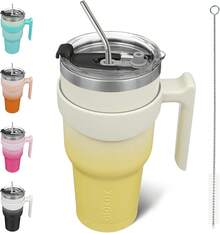 Vaso de  con asa de acero inoxidable con tapa y popote para mujer, color verde lavanda - Limón - Ver 13