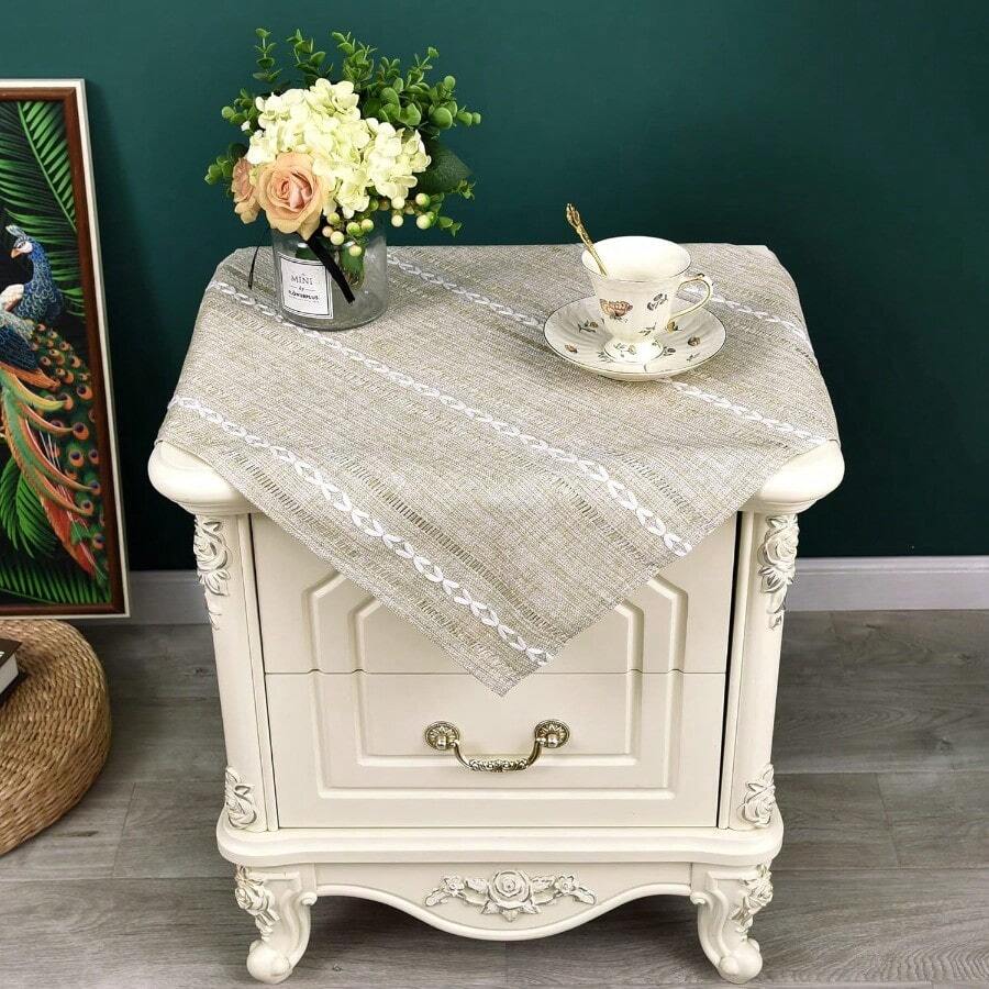 Rustic Farmhouse Embroidered Small Square Tablecloth Jacquard Striped Table Cloth Linen Washable Side Table Cover Kitchen Dining Home Decoration Yellow 24x24 Inch