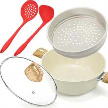 Ceramic NonStick Soup Pot Set With Glass Transparent Lid And Steamer 5Piece NonStick Cookware Set Including Silicone Soup Spoon And Silicone Colander DoubleEar Handle Design White