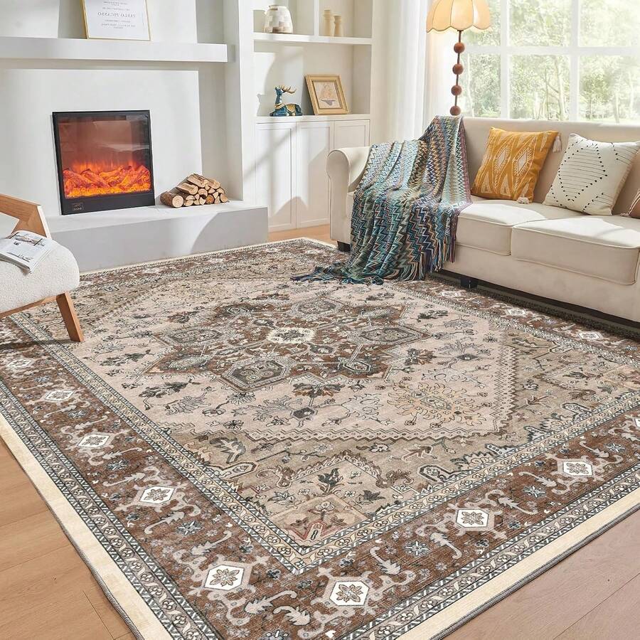 Soft Neutral Area Rugs 5x7, Washable Rug With Non Slip Backing, 5 X 7 Faux Cashmere Low-Pile Carpet, Cream White & Blue & Light Brown, 2025 Design - màu nâu - Xem 1