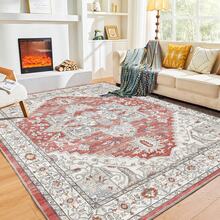Soft Neutral Area Rugs 5x7, Washable Rug With Non Slip Backing, 5 X 7 Faux Cashmere Low-Pile Carpet, Cream White & Blue & Light Brown,  2025 Design - Red & Cream - View 10