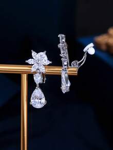1 Pair No Ear Hole Design Sparkling White Cubic Zirconia Flower And Water Drop Dangle Clip On Non Pierced Earrings For Women Engagement Party Wedding Decor Jewelry