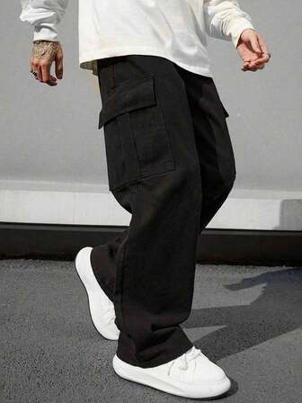 1pc Plus Size Men's Multi-Pocket Solid Color Cargo Pants, Casual Loose Lightweight Trousers For Spring/Autumn, Beach/Vacation, Daily Commute, Workout, Outdoor, Streetstyle, Fitness, Jogging, Hiking, Fall