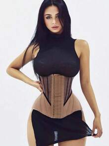 1pc Women's 25 Bone Waist Training Corset With 4-Layer High Compression For Slimming Waist And Tummy Control Belt, Sports - 摩卡棕 - 查看 2