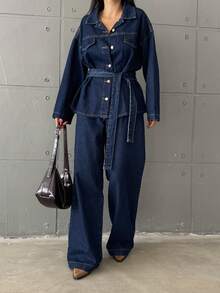 Women's Drop Shoulder Front Button Blue Denim 2 Pieces Set