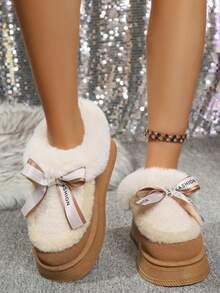 Botas de nieve de suela gruesa con lazo de unicolor, 2025. Botas cortas de invierno para mujer, acolchadas y cálidas para fiestas, uso casual, trayectos diarios u outdoor/esquí. Con forro térmico antideslizante.