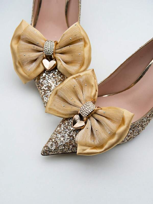 1 Pair Khaki Fabric Bow Design Shoe Clips, Fashion & Elegant Shoe Decorations Suitable For High Heels & Flats, Lovely Gift For Women & Girls
